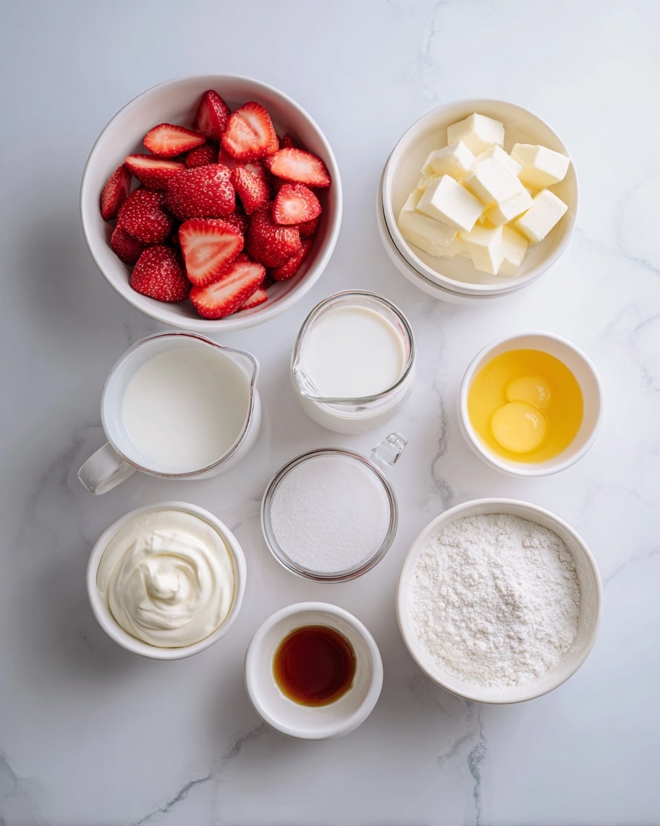 The image shows eight small white bowls and a clear measuring cup arranged on a white marbled surface. The largest bowl in the bottom left is filled with sliced red strawberries. On the top right, a bowl contains pale yellow butter cubes. Next to it, the clear measuring cup holds white milk. Near the center, a bowl is filled with white granulated sugar, and close by another bowl has creamy white yogurt or sour cream with a smooth texture. A bowl with white flour sits near the bottom right, and two smaller bowls contain a yellow beaten egg mixture and white powder, likely baking powder. A tiny bowl holds vanilla extract with a dark amber color. The setting looks clean, bright, and ready for baking. photo taken with an iphone --ar 4:5 --v 7