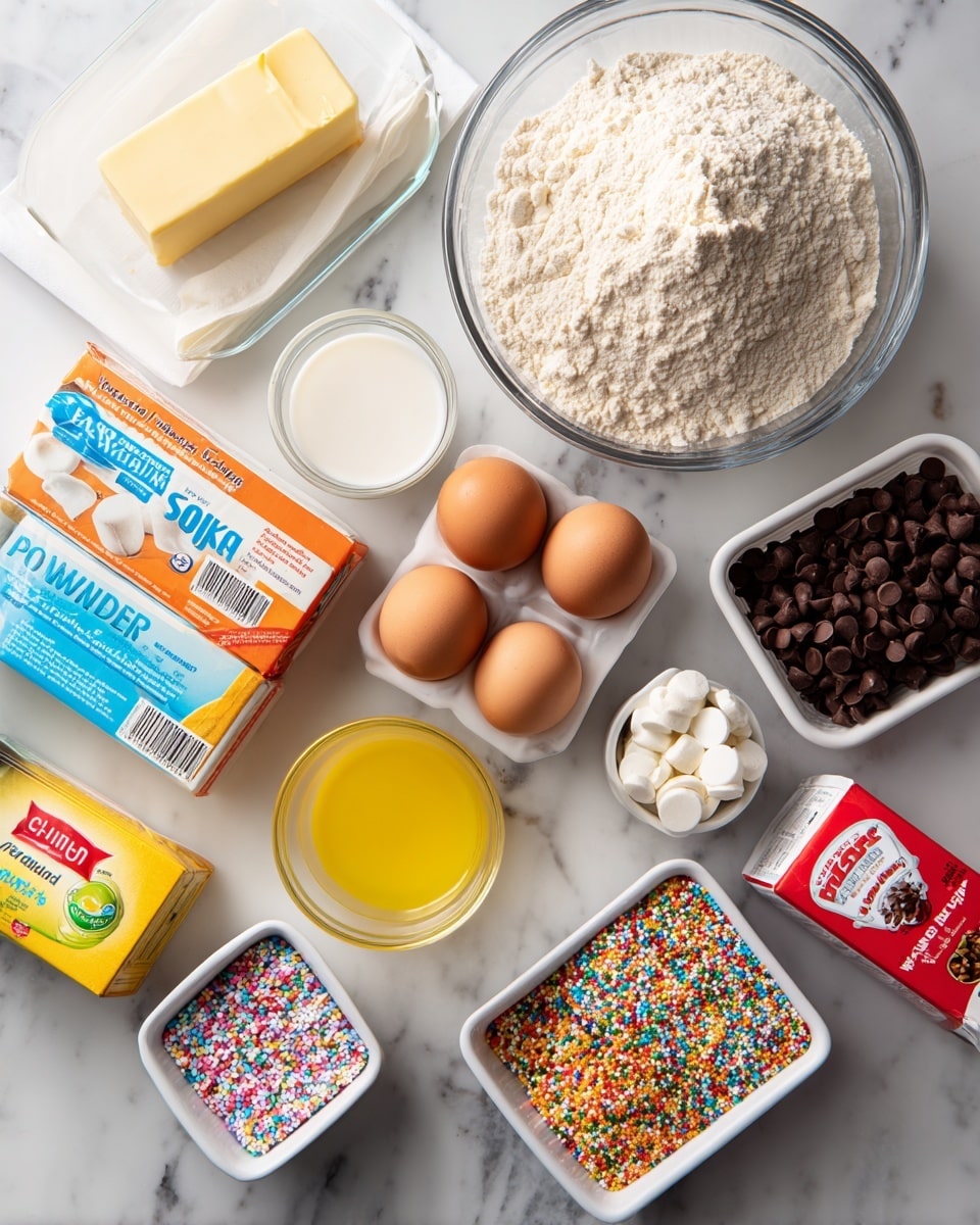 The image shows an arrangement of baking ingredients on a white marbled surface, neatly placed in clear glass bowls and white containers with colorful packaging. In the top left, a large glass bowl holds a pale beige flour mix with a rough texture. Below that, a stick of light yellow butter lies alongside a small clear glass of milk. In the center, a bright orange box of baking soda sits next to a small clear bowl filled with a clear yellow liquid. Nearby, four brown and white eggs are grouped together. On the right side, a white container of sour cream is next to a dark brown bottle of vanilla extract. Towards the bottom, there is a bright yellow box labeled powdered sugar, flanked by two white square dishes containing colorful sprinkles—one with confetti-like shapes and the other with a variety of small round colors. Two clear glass bowls show white round chocolate discs and brown chocolate chips. A red carton of heavy whipping cream stands near the sour cream. The overall scene is well lit and clear, focused on the textures and colors of each ingredient, photo taken with an iphone --ar 4:5 --v 7