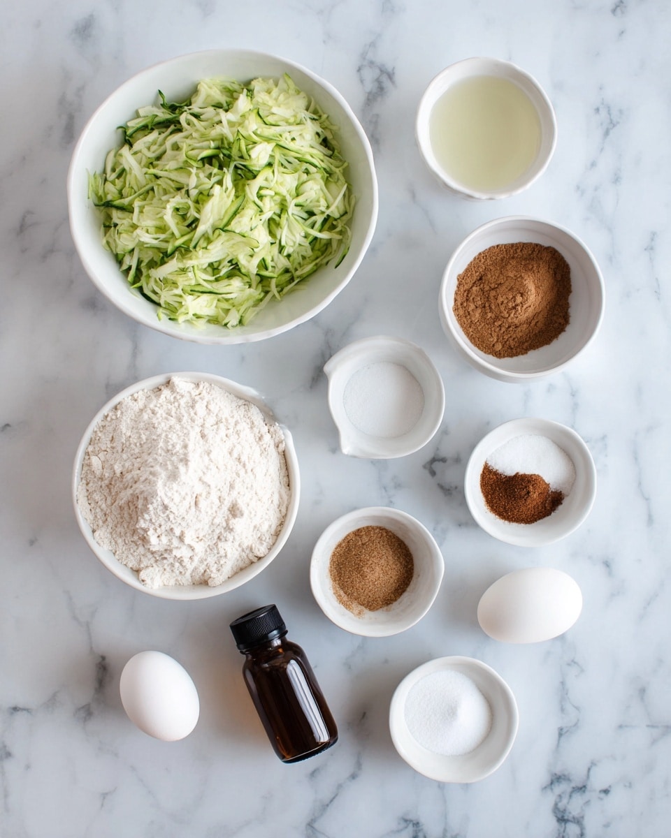 The image shows several white bowls and small white dishes arranged on a white marbled surface. There is a large white bowl filled with freshly shredded green zucchini placed on the left side. Nearby, there is a white bowl with a light powder, likely flour, with a soft texture. Smaller white bowls hold light brown sugar, white granulated sugar, and a clear liquid. One small white dish contains a mix of brown spices, and another has white powdery ingredients, probably baking soda or salt. Two white eggs rest on the marble surface next to the bowls. A small brown glass bottle with a black cap is placed among the bowls, likely vanilla extract. Overall, the setup looks clean and ready for baking photo taken with an iphone --ar 4:5 --v 7