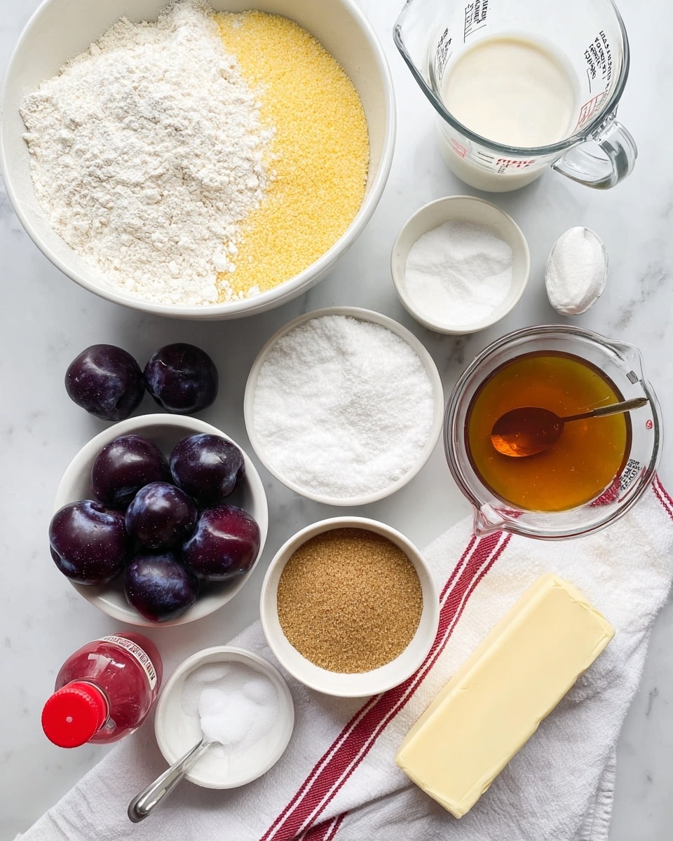 The image shows various baking ingredients arranged neatly on a white marbled surface. At the center, there is a large white bowl filled halfway with white flour on the left side and yellow cornmeal on the right side, with a small glass bowl containing white powders placed on top of the flour. Next to it, on the right, is a clear measuring cup filled with milk, labeled clearly. Below the flour bowl, a white cup contains white granulated sugar with a metal handle spoon resting in it. Beside that, a white bowl holds brown sugar grains. Near the bottom left, three dark purple plums rest close to a glass bowl filled with golden brown liquid and another bowl containing white powder. On the right side of the image, a stick of unsalted butter lies horizontally on a white cloth with red stripes alongside a single white egg and a transparent measuring cup filled with a pale yellow liquid. A red and clear syrup bottle is at the bottom left corner. The setup is bright and clean. Photo taken with an iphone --ar 4:5 --v 7