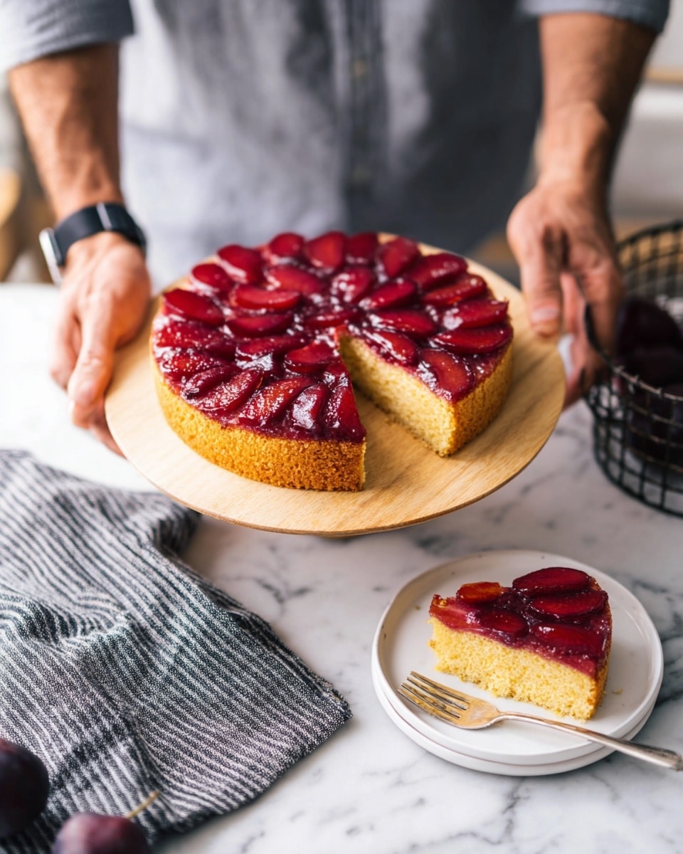 A round cake with two layers is shown. The top layer is made of shiny, deep red fruit slices arranged closely together in a circular pattern, while the bottom layer is a thick, soft-looking golden yellow cake. A wedge has been taken out of the cake and placed on a small white plate in front, showing the texture inside clearly. A silver fork rests next to the cake piece on the plate. The cake sits on a light wooden stand held by a person wearing a gray shirt and a smartwatch. The background and surface are white marble, and a gray and black striped cloth is placed beside the cake stand. A few dark red plums are visible in a wire basket nearby. Photo taken with an iphone --ar 4:5 --v 7
