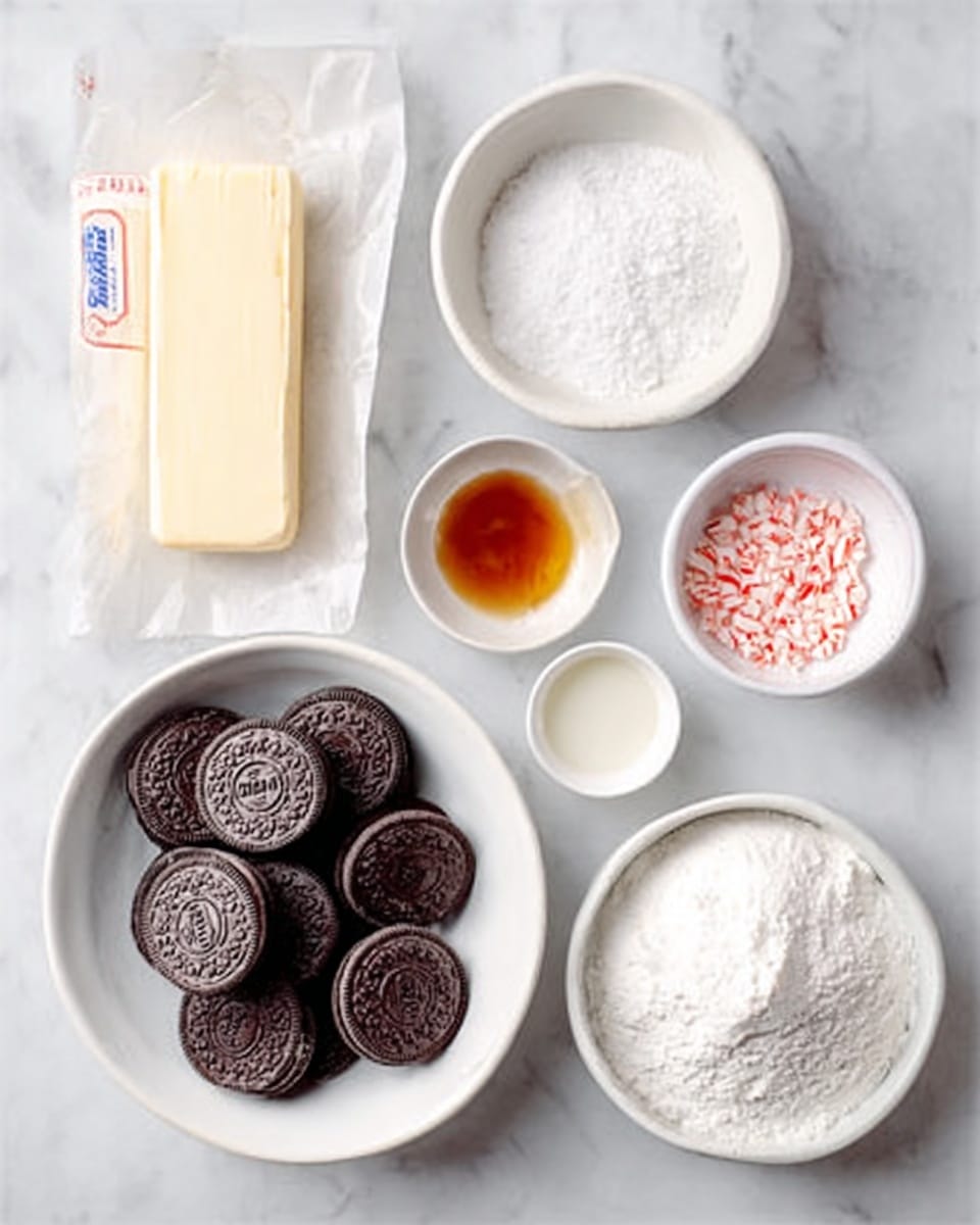 The image shows a flat lay of baking ingredients on a white marbled surface, featuring a stick of butter wrapped in paper, a white bowl filled with round chocolate sandwich cookies, another white bowl with granulated sugar, a wrapped rectangular block of cream cheese, a small amount of vanilla extract in a white container, a small white bowl with red and white peppermint pieces, a small white bowl with milk, and a white dish holding a heap of powdered sugar. Photo taken with an iphone --ar 4:5 --v 7