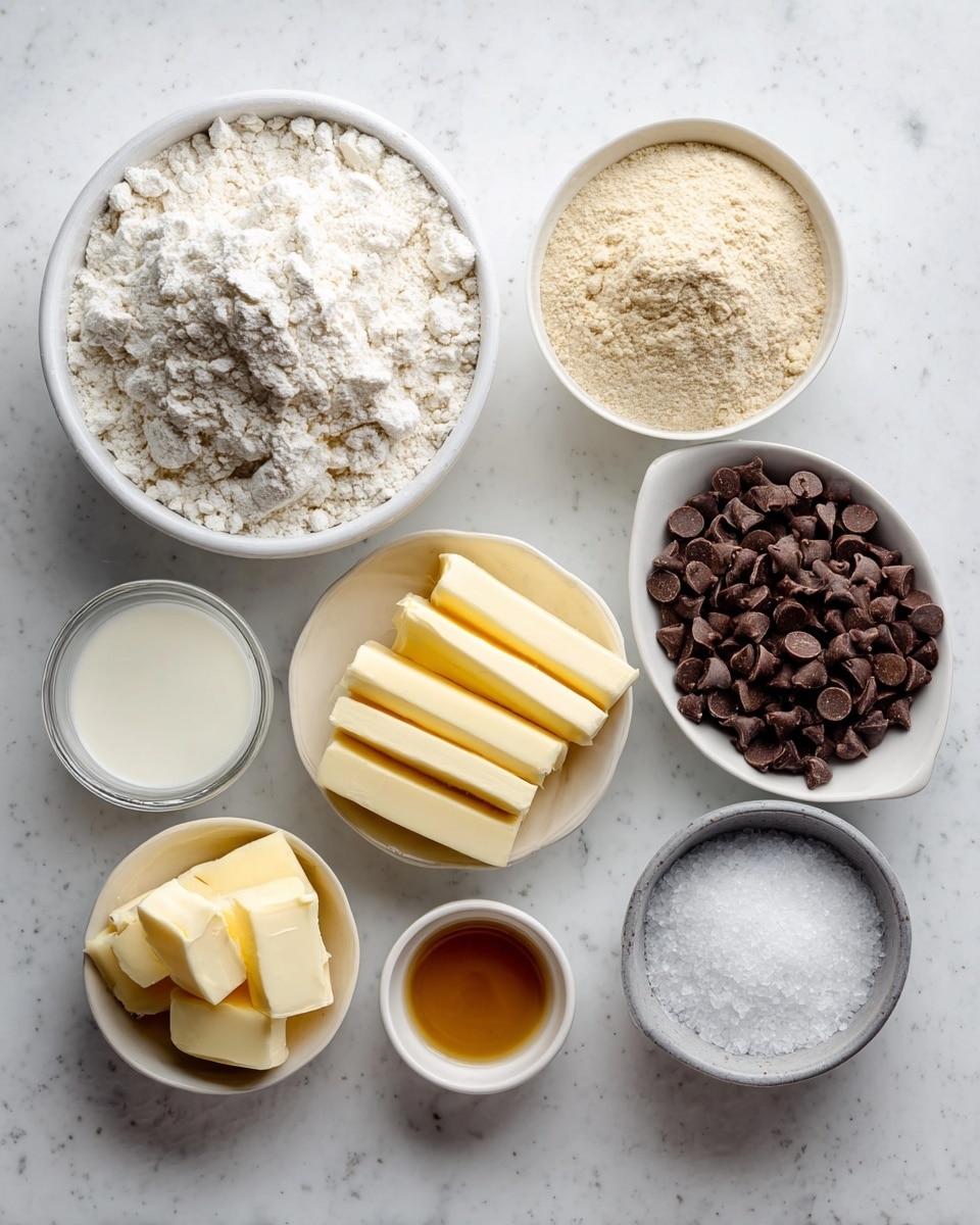 The image shows eight bowls with different baking ingredients arranged on a white marbled surface. The largest white bowl on the left is filled with white flour, showing a slightly rough texture. Above it and slightly to the right is a smaller white bowl containing a light beige powder. To the right of that is a large white bowl divided into four quarters with dark brown, light brown, black, and white chocolate chips. Below the chocolate chips is a medium white bowl with even yellow butter sticks stacked inside. To the left of the butter is a small clear glass bowl with white milk. Below the milk and to the left is a small white bowl with a light brown liquid inside, and finally next to it on the right is a small gray bowl with coarse white salt flakes. All bowls are on a white marbled background with soft lighting. Photo taken with an iphone --ar 4:5 --v 7