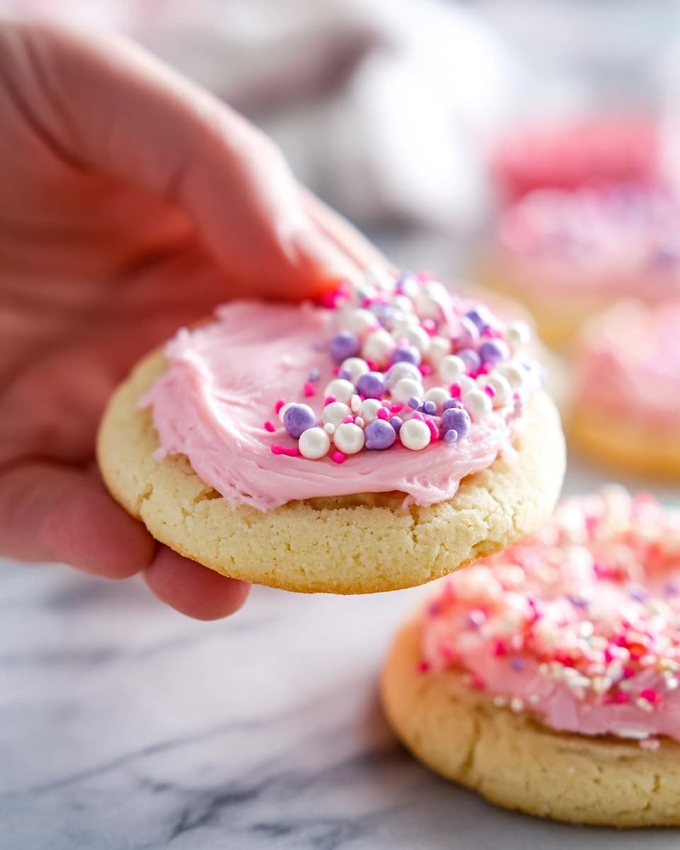 A close-up of a cookie held by woman's hand, showing two layers: a soft, light beige cookie base with a slightly crumbly texture and a thick layer of smooth, light pink frosting spread on top. The frosting is decorated with small round sprinkles in white, purple, and shiny pink, arranged mostly on the right side of the cookie. Blurred in the background on a white marbled surface are more similar cookies with pink frosting and colorful sprinkles. photo taken with an iphone --ar 4:5 --v 7