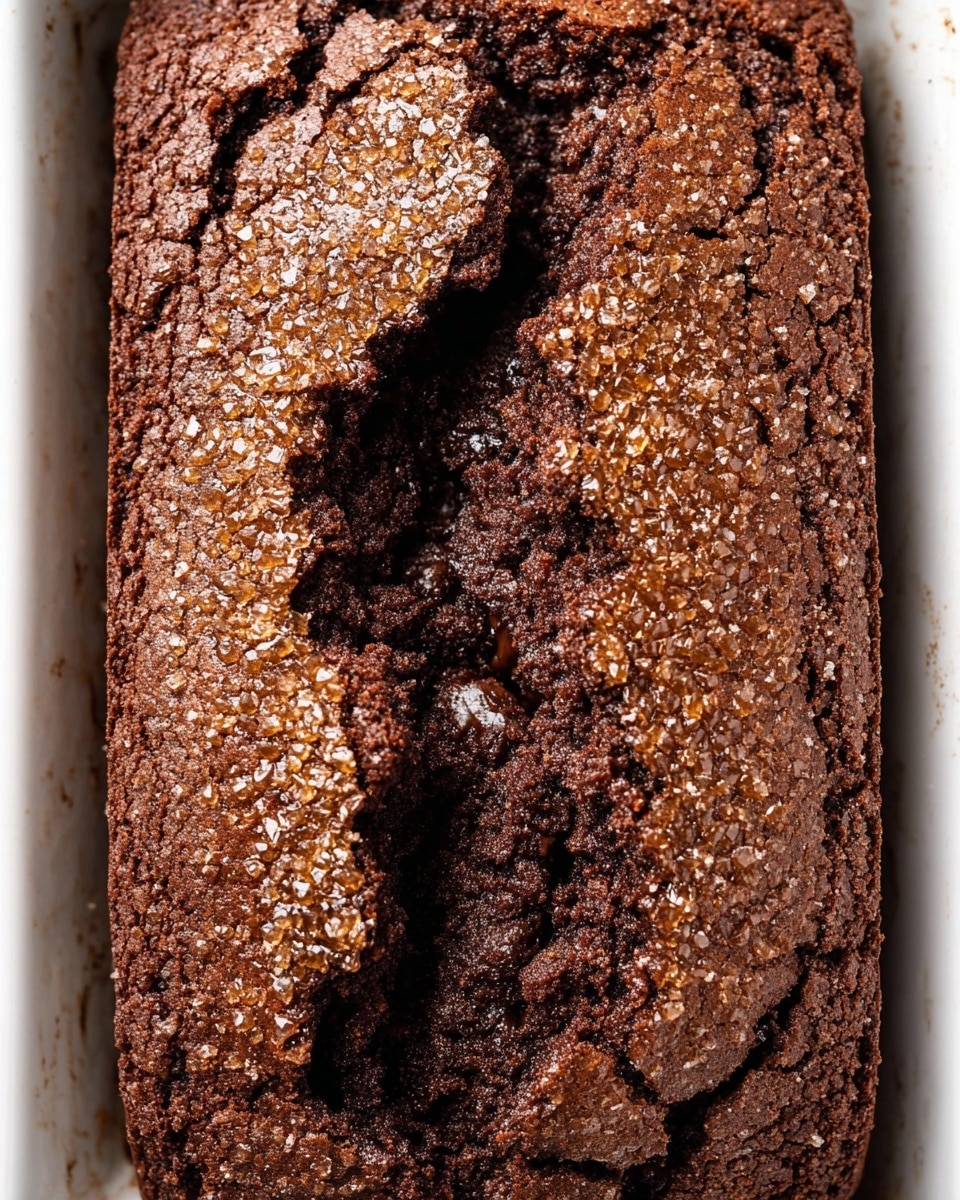 A close-up image of a single chocolate brownie loaf in a white rectangular dish, showing a cracked top with two raised rough-textured layers of dark brown cake on each side and a rich, slightly melted middle crack in a deeper dark brown color. The surface layer is shiny with large sugar crystals sprinkled all over, giving a rough, crunchy look with a caramel-brown tint on top. The background is a white marbled texture. photo taken with an iphone --ar 4:5 --v 7
