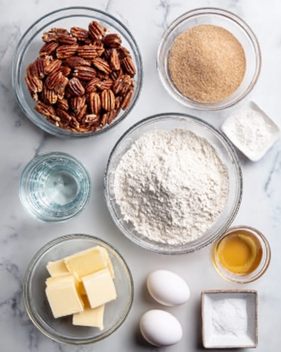 The image shows several clear glass bowls and two eggs placed on a white marbled surface. There is a large bowl filled with brown pecans in the top left, a medium bowl with light brown sugar in the top right, and a medium bowl with white flour in the center. Below the flour are two eggs to the right, a small bowl with yellow butter cut into square pieces, and a small bowl with clear liquid honey. There is a small square dish with white salt near the bottom right, a tiny bowl of white powder near the bottom left, and a clear glass cup with water near the bottom left corner. photo taken with an iphone --ar 4:5 --v 7