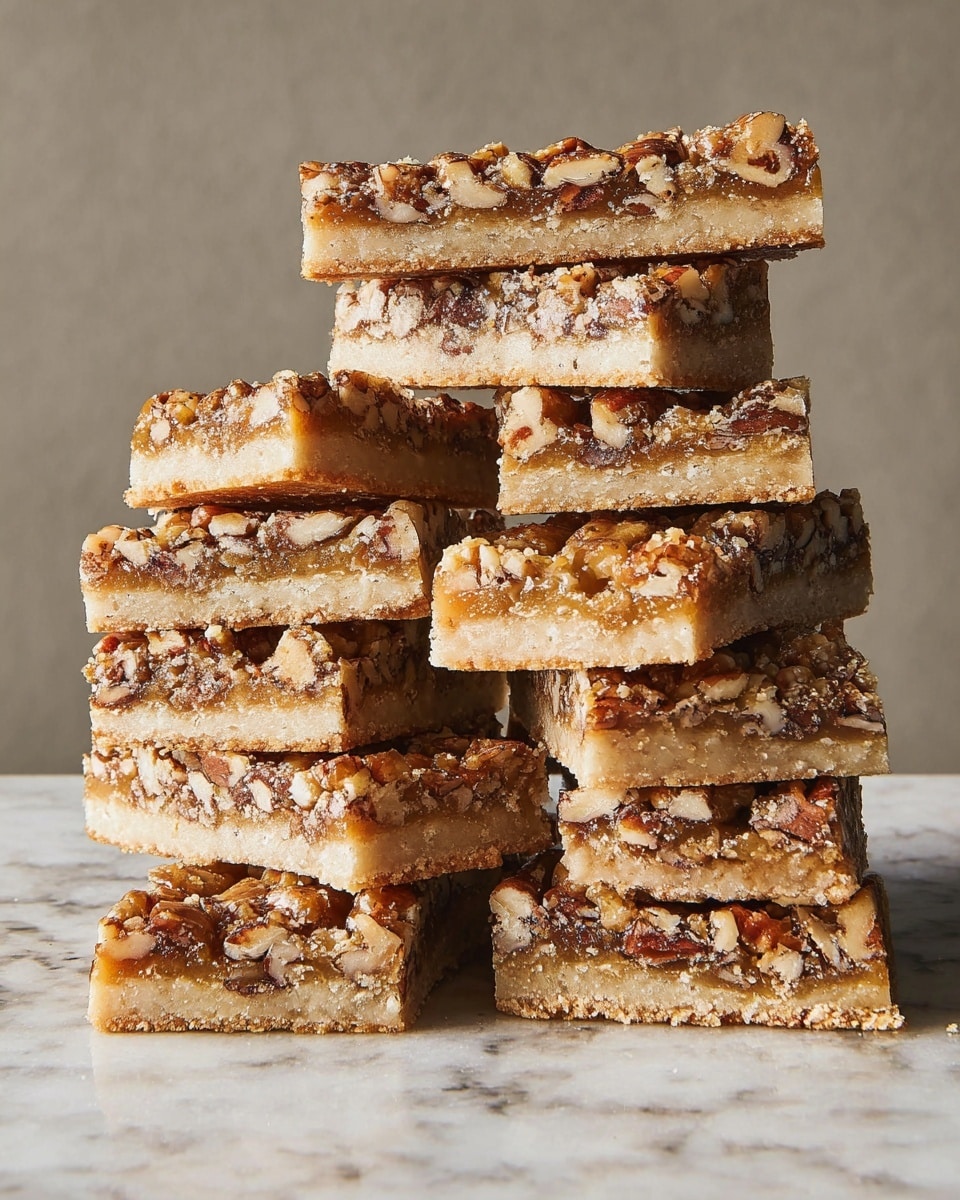 A tall stack of rectangular bars is shown against a plain neutral background with a white marbled surface underneath. Each bar has two clear layers: the bottom layer is thick, light beige, and crumbly like shortbread, while the top layer is thinner and packed with chopped nuts in a golden brown syrup. The nuts are unevenly spread, showing rough textures and slight caramels at the edges. The stack is slightly uneven with some bars leaning against each other, showing the layers clearly from the side. photo taken with an iphone --ar 4:5 --v 7