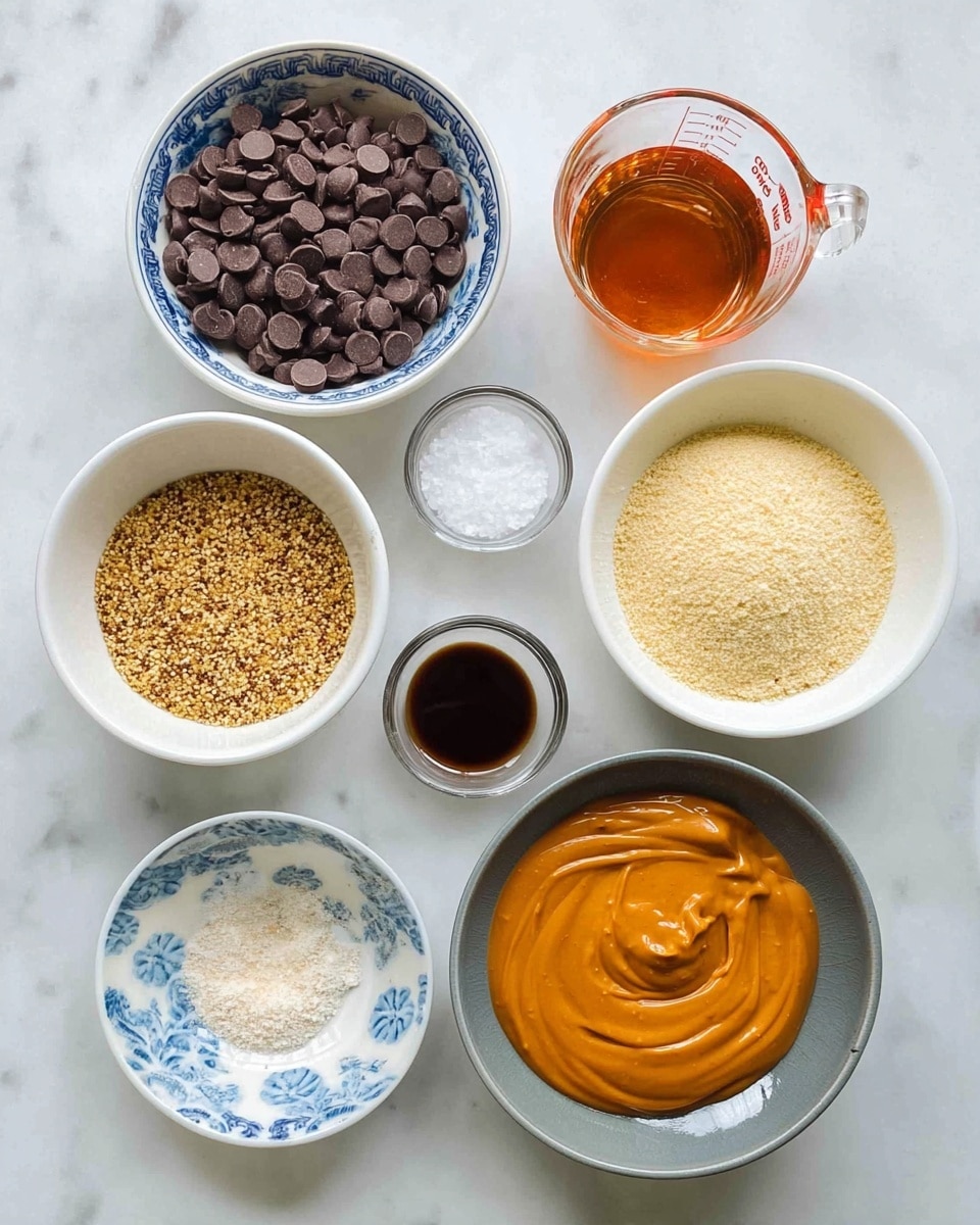 A top view of baking ingredients neatly arranged on a white marbled surface. In the center is a large clear glass bowl filled with white flour. Toward the top left are two sticks of butter wrapped in blue and white paper. To the top right is a clear glass bowl filled with white sugar and a single white egg beside it. There is a small black plastic bottle with a red cap on the right side. On the bottom left, a dark brown block of chocolate with three visible segments lies next to caramel candies wrapped in clear paper. A black measuring cup filled with chopped nuts or toffee pieces is near the lower right corner. Small clear bowls contain white powder substances near the butter and measuring spoons holding white ingredients lie near the bottom center of the image. Photo taken with an iphone --ar 4:5 --v 7