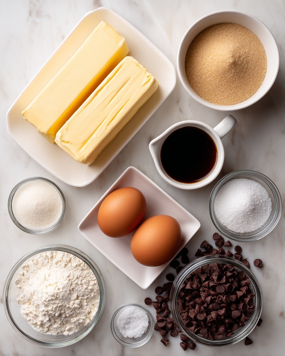 The image shows eight bowls and a small jar with different ingredients arranged on a white marbled surface. At the top left, a white bowl with blue patterns holds many small round dark brown chocolate chips. To its right, a clear glass measuring cup contains a small amount of amber-colored liquid. Below the chocolate chips, a white bowl has a coarse mixture of brown and yellow grains. To the right of this bowl, a small white bowl holds a dark brown liquid. In the center, there is a small clear jar filled with white salt. On its right side, a large white bowl is filled with pale yellow powder. Below it, a small white bowl contains a dab of solid white fat. At the bottom left, a small bowl with blue patterns holds a pale powder. Lastly, a round gray bowl in the center bottom holds smooth, thick orange sauce with swirls on the surface. All items sit on a clean white marbled surface. Photo taken with an iphone --ar 4:5 --v 7