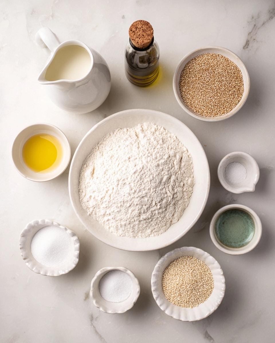 A white large bowl filled with a mound of fine white flour sits in the center on a white marbled surface. Around it are eight small white bowls and jars, each holding different ingredients: golden oil in a small round bowl at the lower left, white granulated sugar in a small bowl near it, light beige yeast in a scalloped bowl at the lower right, fine salt in two little bowls with green inside near the bottom middle and right, a white ceramic jug with milk at the top left, a transparent glass bottle filled with olive oil with a cork at the neck near the top center, and a bowl filled with light brown sesame seeds at the top right. The scene shows a neat arrangement of baking ingredients with soft natural light. Photo taken with an iphone --ar 4:5 --v 7
