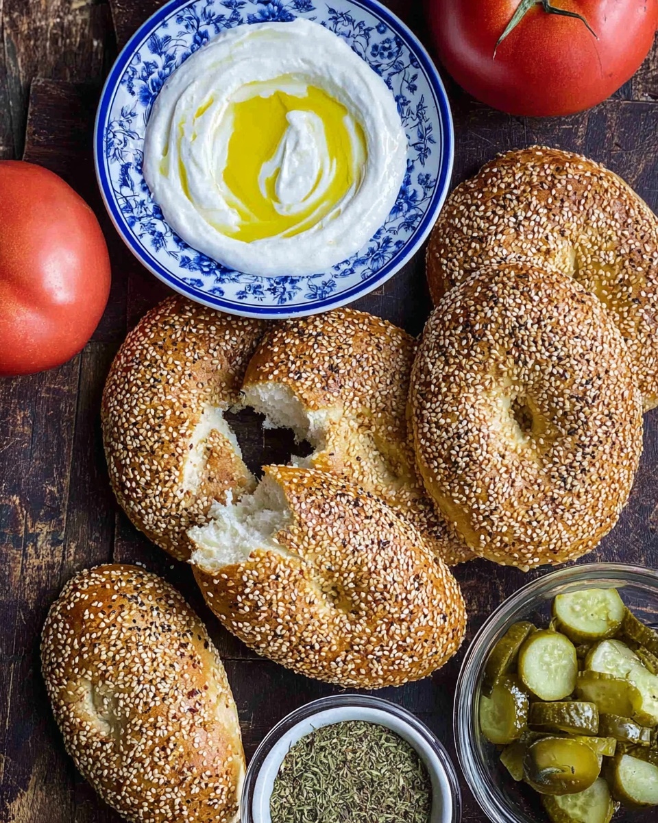 The image shows five oval-shaped sesame-covered breads placed on a dark wooden surface, with one piece slightly broken to reveal the soft inside. To the top left, there is a white bowl with a blue floral pattern, filled with smooth white yogurt topped with a swirl of golden olive oil. Above the breads, half of a large red tomato is visible, showing its juicy inside. Below the breads, there is a small white bowl filled with a greenish dried herb mix, and a glass bowl containing sliced pickles. The overall setup contrasts light and dark colors, with textures ranging from the crunchy sesame seeds on the breads to the creamy yogurt and fresh vegetables, photo taken with an iphone --ar 4:5 --v 7