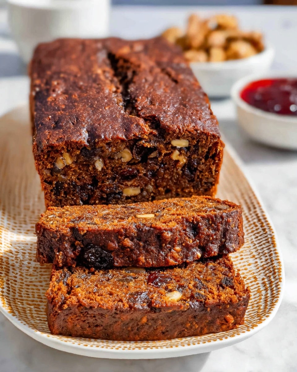 A loaf of dark brown fruit and nut bread is shown, with a textured top that has a crack running down the middle. The loaf is sliced into three thick pieces, revealing a dense inside filled with pieces of nuts and dried fruit, adding specks of lighter brown and dark spots throughout. The bread sits on a white oval plate with a woven pattern, all placed on a white marbled surface. In the background, there is a blurred bowl of red jam and a small white bowl with walnuts. The lighting highlights the moist texture and rich colors of the bread. photo taken with an iphone --ar 4:5 --v 7