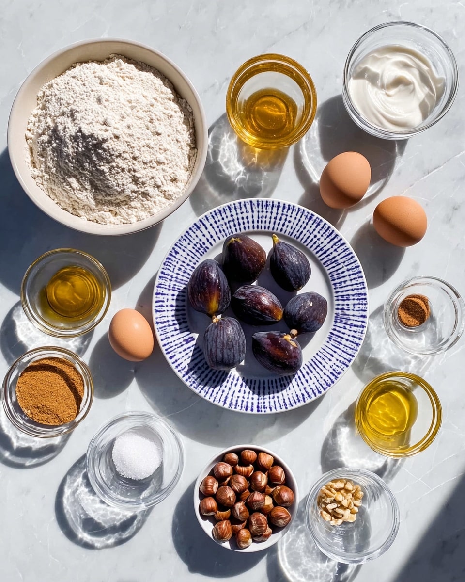 A top-down view of various ingredients for baking arranged neatly on a white marbled surface. There is a large white bowl filled with flour on the left side, two brown eggs on a small white round plate below it, and a glass bowl with white sour cream beside the eggs. At the center, a white plate with blue stripes holds eight whole dark purple figs with smooth skin. Surrounding the central plate, there are small clear glasses and bowls with cinnamon powder, salt, baking powder, golden honey, yellow oil, and a bowl of light brown sugar. A small white bowl with hazelnuts is at the bottom center. Bright sunlight casts shadows and reflections across the scene. Photo taken with an iphone --ar 4:5 --v 7