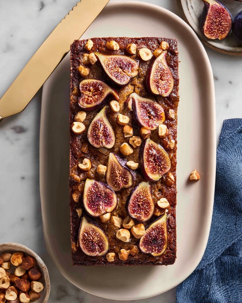 A rectangular brown cake topped with scattered hazelnut pieces and deep purple fig slices with visible seeds, all slightly baked into the cake's surface, placed on an oval white plate, set on a white marbled background with a beige knife to the top left and partially visible figs and a bowl of more hazelnuts around. photo taken with an iphone --ar 4:5 --v 7