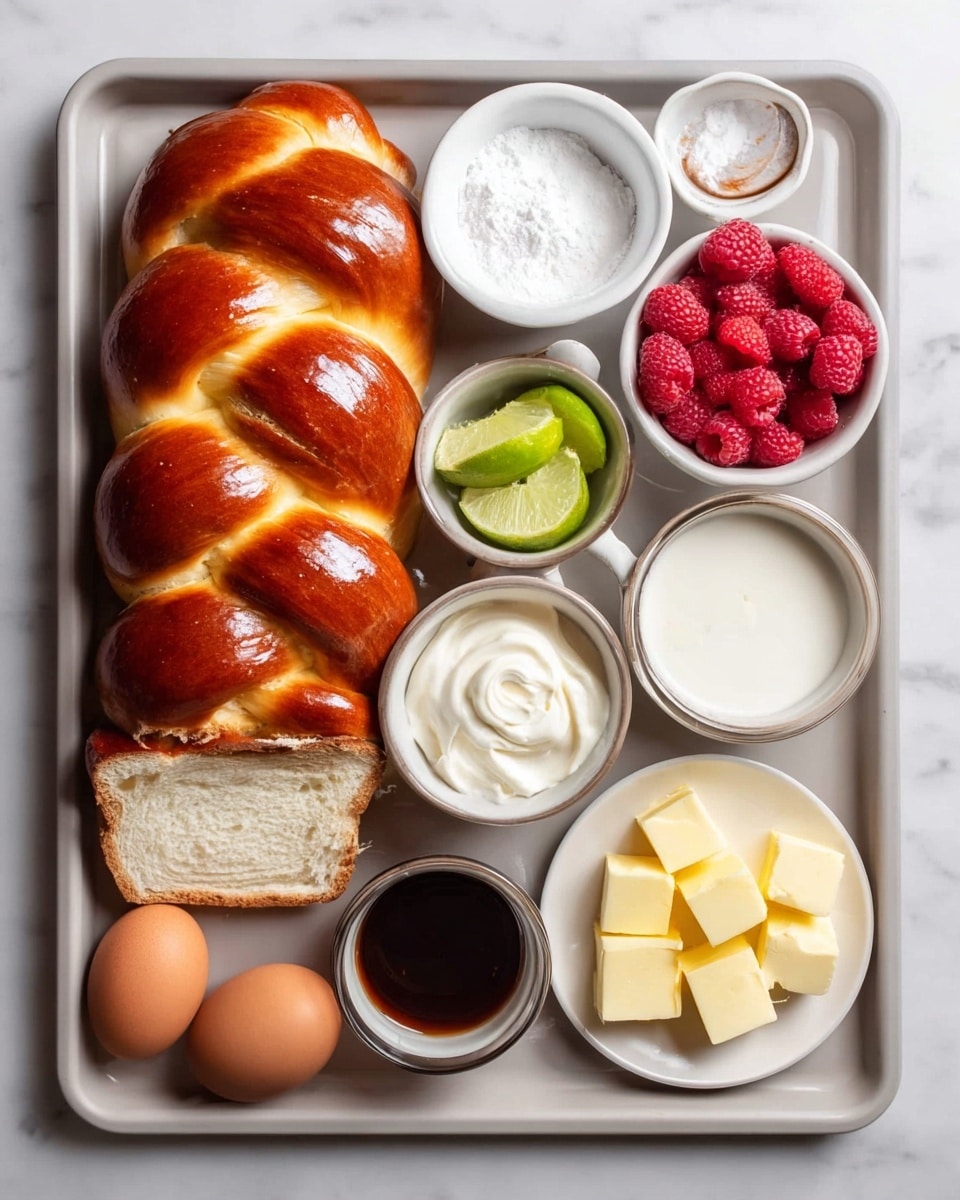 The image shows a tray with various ingredients placed neatly on a white marbled surface. On the left side, there is a stack of sliced golden brown braided bread with a shiny crust and soft white inside. Next to the bread, in small white bowls, are fresh red raspberries, a small bowl of white powder, a bowl of thick white cream, and another bowl filled with dark brown syrup. There are two brown eggs resting on a white plate, two green lime halves, three small yellow cubes of butter on a white plate, and a small bowl with a white liquid. The objects are evenly spaced on the tray, creating a clean and organized look. Photo taken with an iphone --ar 4:5 --v 7
