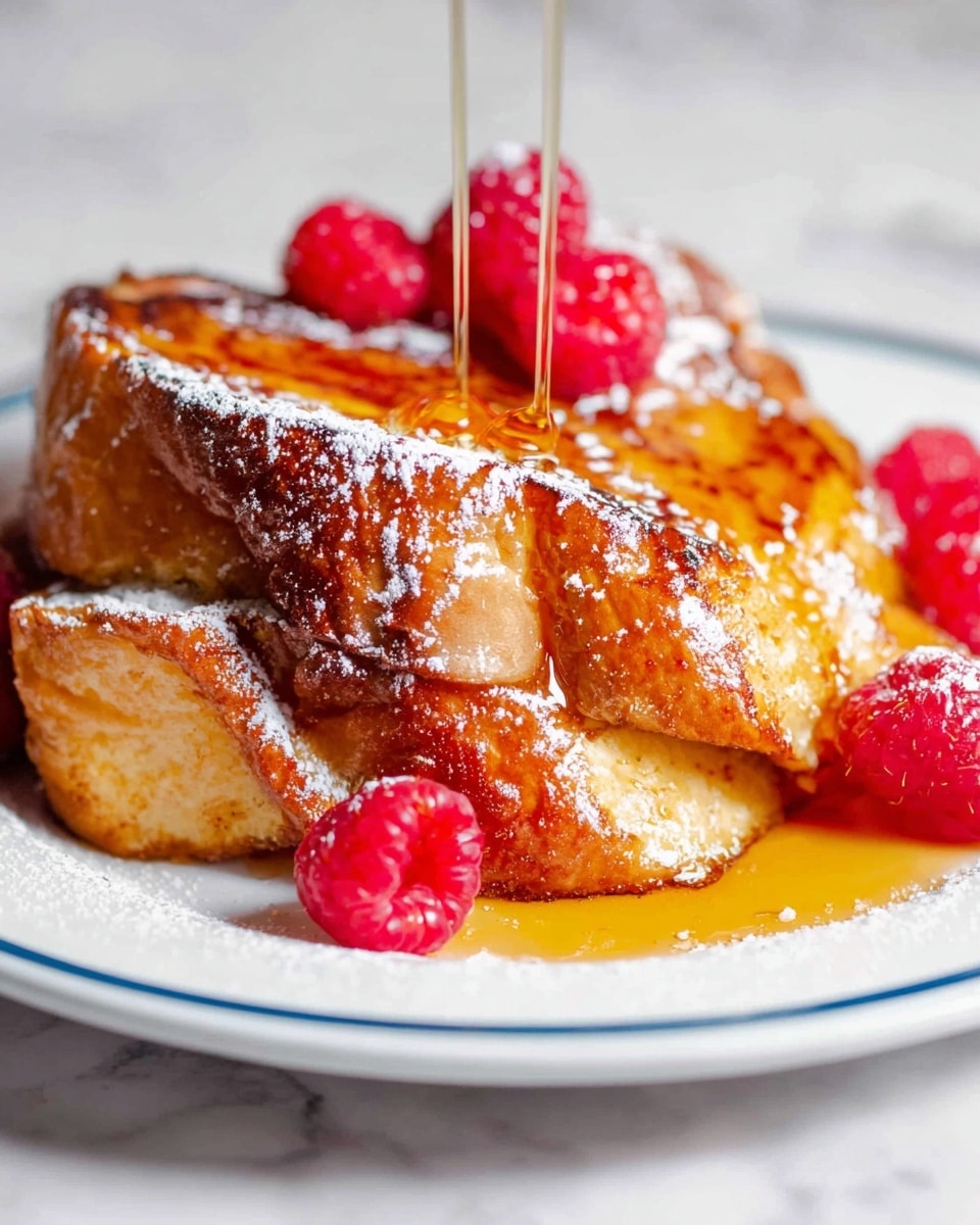 Two thick slices of golden brown French toast with a slightly crisp texture are stacked on a white plate with a thin blue rim, placed on a white marbled background. The top layer of the toast glistens with powdered sugar scattered lightly over it. Bright red raspberries are placed around and on top of the toast, adding a fresh color contrast. A thin stream of golden syrup is being poured over the toast from above, creating a shiny, sticky surface on the right side of the toast and pooling slightly on the plate below. Photo taken with an iphone --ar 4:5 --v 7