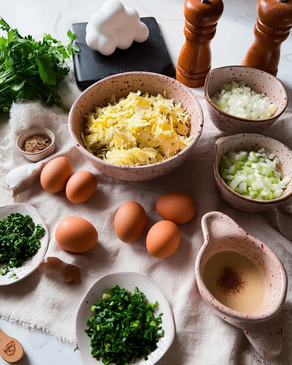 The image shows a white marbled surface covered with a beige cloth holding several bowls and ingredients. At the center, there is a speckled pink bowl filled with yellow, shredded pieces, likely cheese or a vegetable. To the right of it, there is a similar speckled pink bowl with white chopped onions. Surrounding these are five brown eggs scattered on the cloth. In the foreground, two small white plates hold chopped green herbs and finely sliced green onions, while a wooden bowl to the right contains more finely chopped green herbs. A small speckled pink cup on the right holds a creamy light brown sauce next to a tiny bowl of brown powder. In the background, a white cloud-shaped container sits on a black stone board, and two wooden pepper and salt grinders are on the left. Some green fresh herbs are also placed around the edge of the cloth. photo taken with an iphone --ar 4:5 --v 7