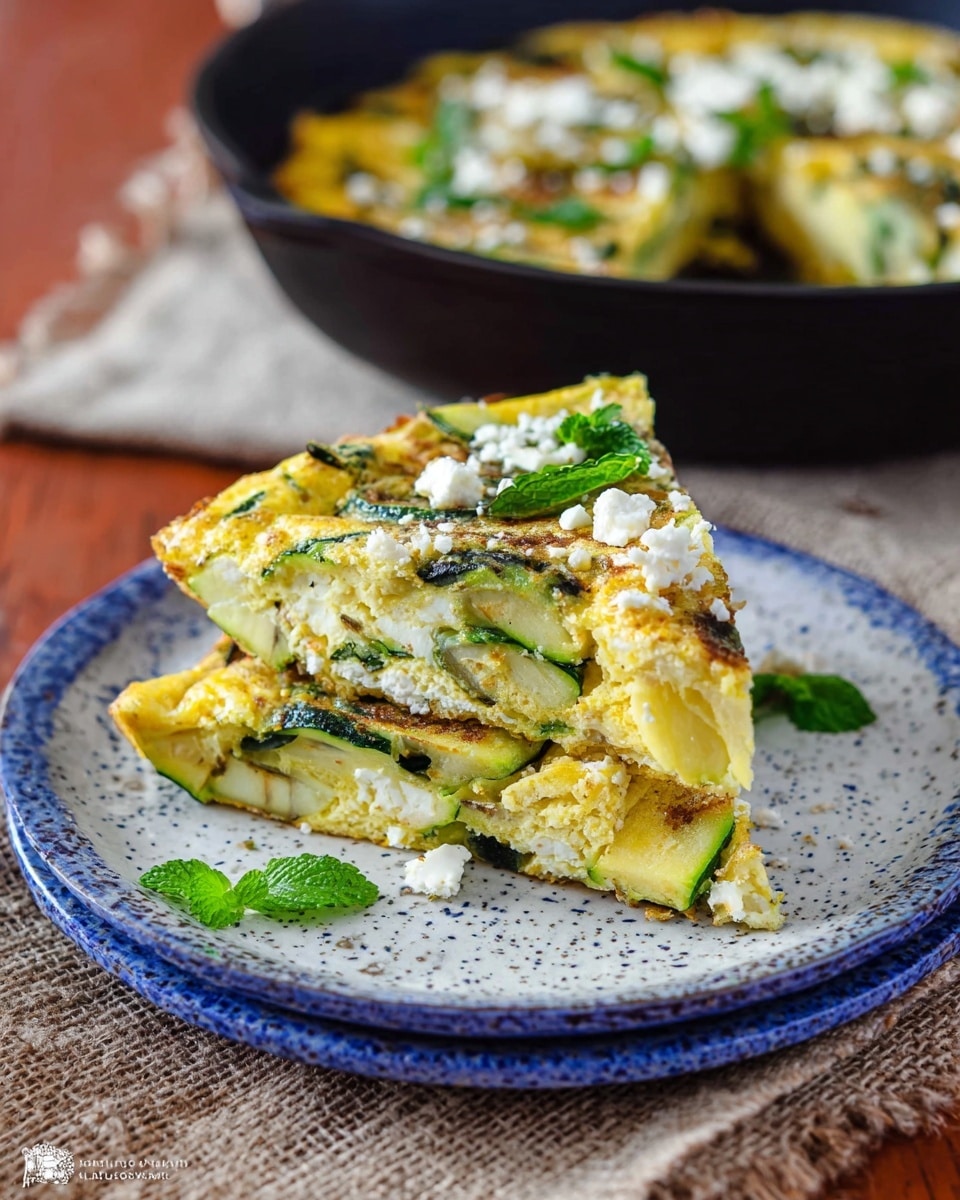 Middle Eastern Zucchini Baked Omelet Recipe 5 Two thick, triangular slices of egg dish are stacked on a white plate with blue speckles. The dish has three visible layers: a base of light yellow egg mixed with green zucchini slices, a middle layer with more egg and zucchini that looks soft and moist, and a top layer sprinkled with white cheese crumbles and fresh green mint leaves. In the background, a black pan filled with the same egg dish is slightly blurred. The plate is placed on a rough beige cloth over a wooden surface, and the whole scene has warm, natural lighting. Photo taken with an iphone --ar 4:5 --v 7