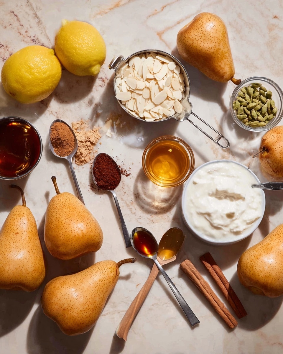 The image shows a white marbled surface with six brown pears placed in a loose scattered arrangement, some with stems visible. Near the top left are two lemon halves, bright yellow with visible pulp. In the center left, a ¼ cup metal measuring cup holds white slivered almonds. Next to it, a ¼ cup metal measuring cup contains light brown sugar. There are four wooden spoons spread out in front of these, each holding different spices in reddish-brown and dark brown shades. To the right, a small glass bowl contains green cardamom pods and a brown cinnamon stick. A small glass with golden honey is placed above it. Towards the bottom right, there is a round white bowl filled with white creamy yogurt with a metal spoon inside. Nearby, two metal measuring spoons rest on a small round white plate, one filled with dark amber liquid and the other empty. The scene is lit by soft daylight, and the overall feel is warm and natural, photo taken with an iphone --ar 4:5 --v 7