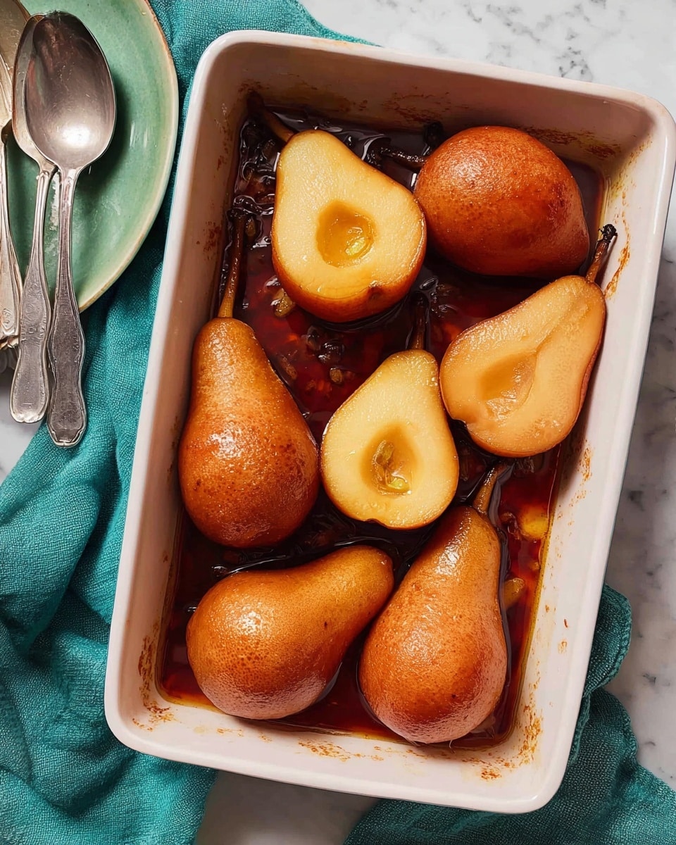 A white rectangular baking dish holds seven baked pears, some whole and some cut in half. The whole pears have smooth, brown skins with a slightly wrinkled texture, while the halved pears reveal a warm golden-yellow inside with a small round hollow where the cores used to be. The pears rest in a dark amber syrup, which fills the bottom of the dish and coats the fruit with shiny, caramelized edges. Next to the dish is a teal cloth, and below it a green plate and a few silver spoons peek into the frame. The background is a white marbled surface. photo taken with an iphone --ar 4:5 --v 7