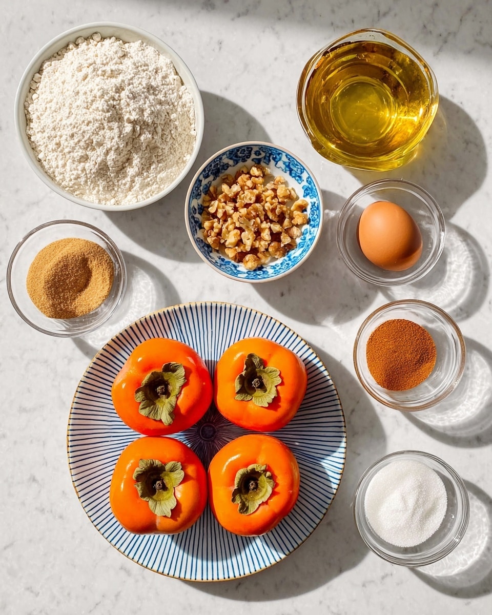 A bright image shows several ingredients laid out on a white marbled surface. In the center, a white plate with blue stripes holds four bright orange persimmons with green leafy tops. Below and to the left, a white bowl with a blue interior edge is filled with white flour. Next to the flour bowl, a small white bowl with a blue pattern contains chopped brown nuts. Above the nuts, a clear glass with a shiny golden yellow liquid reflects light. To the right, a small white plate with a blue interior holds two brown eggs. Nearby, a larger white bowl is full of light brown sugar. Around the eggs and sugar are four small clear glass bowls containing different colored powders: light brown, darker brown, white, and off-white substances. The arrangement is neat, with shadows from sunlight adding depth. Photo taken with an iphone --ar 4:5 --v 7