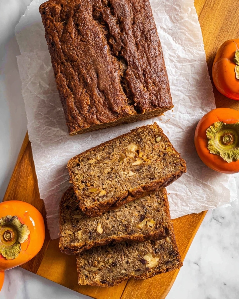 The image shows a loaf of dark brown bread with a textured and slightly cracked top, placed on white parchment paper over a wooden board. The loaf is partially sliced, with three thick slices and the rest of the loaf visible. Inside the bread, the crumb is dense with small pieces of nuts and other ingredients visible, adding texture and color variation. Around the board, there are bright orange persimmons with green tops, adding a fresh, colorful contrast to the deep brown of the bread. The whole setting is on a white marbled surface. Photo taken with an iphone --ar 4:5 --v 7