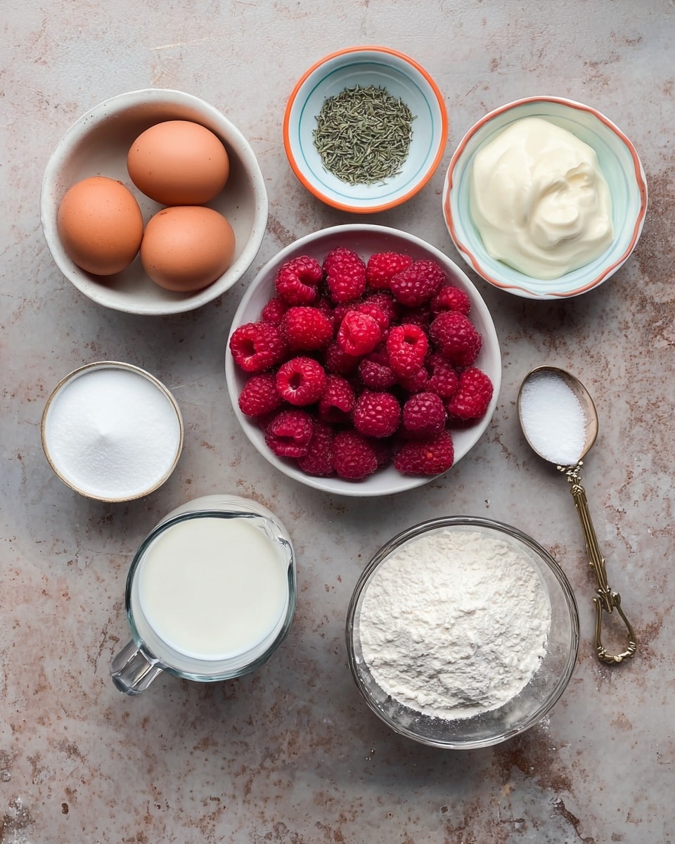 The image shows seven containers of ingredients arranged on a white marbled textured surface. At the top left, there is a small white bowl holding three brown eggs. To the right of it, a tiny white bowl with light blue and orange rim contains small dried green herbs. In the middle, a white bowl is filled with bright red raspberries, each showing a bumpy texture. At the top right, another white bowl holds a smooth white creamy ingredient. Below it, a white bowl contains fine white sugar. At the bottom left, a glass measuring cup contains white milk visible through the clear glass with a handle. Finally, at the bottom middle, there is a white spoon with a gold handle filled with white flour. The arrangement of these items is neat and evenly spaced. photo taken with an iphone --ar 4:5 --v 7