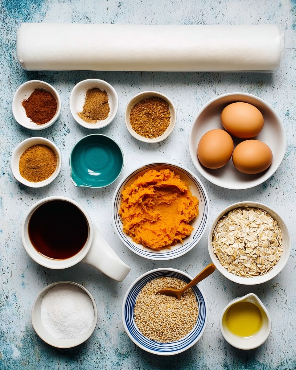 This image shows a neatly arranged set of ingredients on a white marbled surface. At the top center is a long white wrapped sheet. Below it, from left to right, are small white bowls containing various powders and spices in colors like light brown, dark brown, and mustard yellow, along with a small teal bowl of salt. To the right, there are three eggs in a white bowl with blue rim stripes. Next to the eggs, a white bowl holds bright orange mashed sweet potato. Nearby are two more white bowls, one filled with golden sesame seeds and the other with beige oats. Toward the bottom right, a white pitcher has dark syrup with a wooden spoon inside, and near it is a glass jug with golden oil. A small white cup contains a bit of cream. Everything is arranged cleanly and vividly on the white marbled surface. photo taken with an iphone --ar 4:5 --v 7