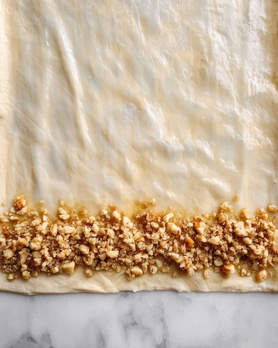 A thin sheet of translucent dough lies flat on a white marbled surface, with a light glossy shine from a thin layer of butter spread evenly over it. Across the bottom third, there is a narrow, even line of finely chopped nuts in golden brown shades, creating a rough texture against the smooth dough. The dough has visible folds and slight wrinkles that add texture to the surface. photo taken with an iphone --ar 4:5 --v 7