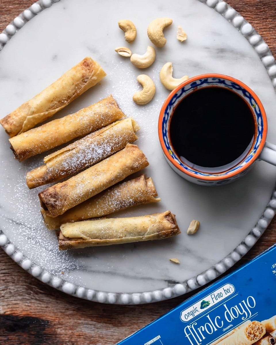 A round white plate with a beaded edge holds seven golden-brown, crispy rolled pastries stacked loosely in the lower left area; the pastries have a slightly flaky texture with light browning on top and some visible cracks. Near the top right side of the plate sits a white cup with a blue and orange rim, filled with dark coffee or tea. Around the pastries, there are a few scattered whole cashew nuts and a light dusting of white powdered sugar on the plate. The plate and cup are placed on a white marbled surface, with part of a blue and white box labeled