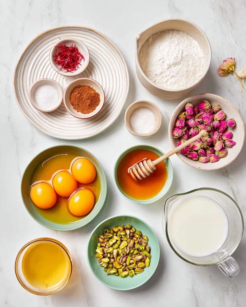 The image shows an overhead view of various ingredients placed on a white marbled surface. In the top left is a large white plate with ridges holding three small bowls: one with thin red strands, one with brown powder, and one with white granules. Nearby is a large white cup containing a light powder. To the bottom left is a white bowl filled with six bright orange egg yolks. In the center is a small white bowl filled with pink dried rose buds, next to it is a green bowl with chopped green pistachios. Near the center right is a small bowl filled with light golden honey and a honey dipper resting on it. To the far right is a clear glass jug filled with white milk and a small clear cup with a beige liquid, and below them is a small yellow bowl with amber liquid. The setup is tidy and bright, with a soft natural light. Photo taken with an iphone --ar 4:5 --v 7