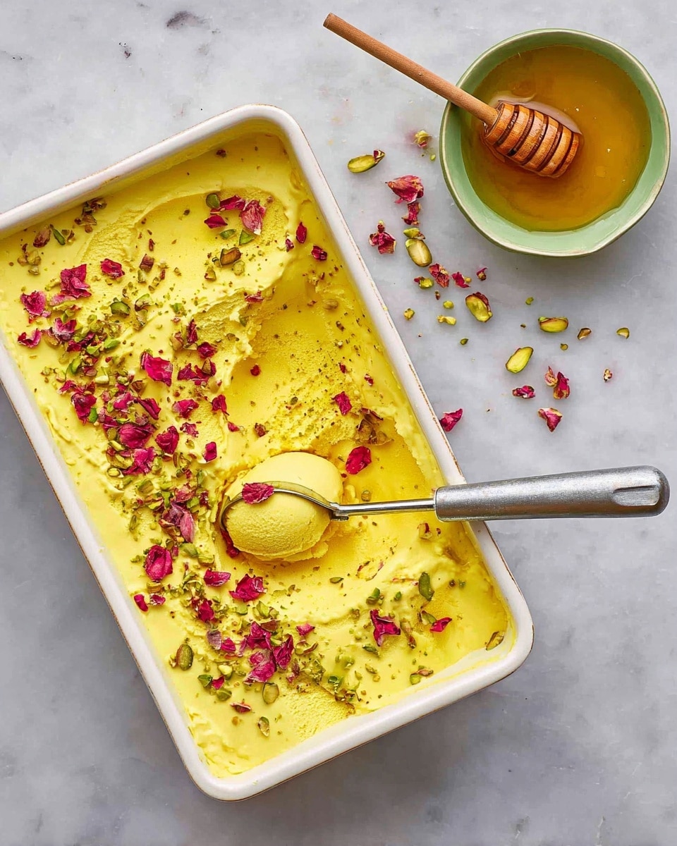 A white rectangular container holds smooth bright yellow ice cream, sprinkled with green chopped pistachios and red rose petals on top, with a silver ice cream scoop resting on one side, scooping a rounded portion showing creamy texture inside. Next to the container, there is a small green bowl filled with golden honey, with a wooden honey dipper resting inside it. The setting is on a white marbled surface. photo taken with an iphone --ar 4:5 --v 7