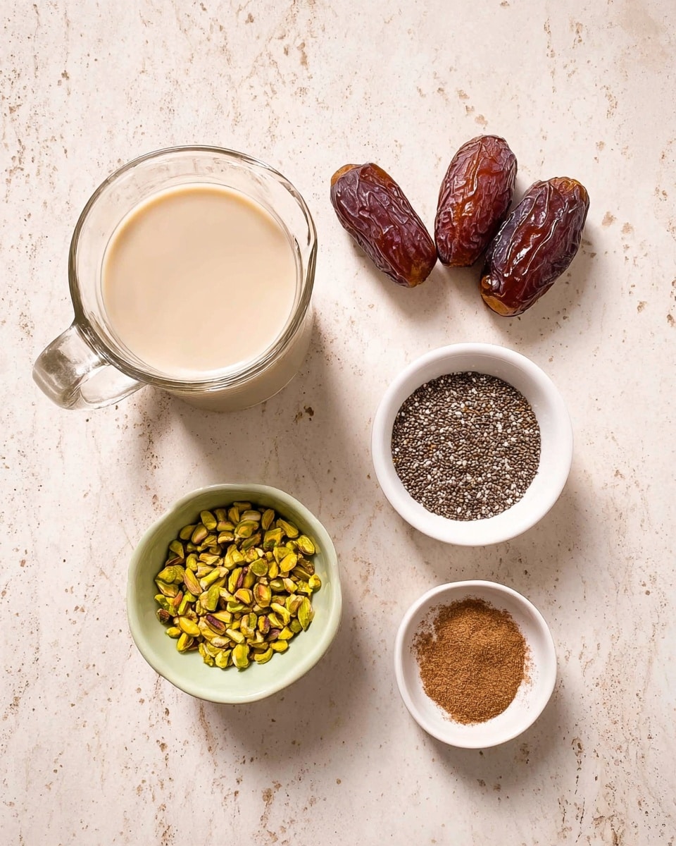 The image shows a white marbled surface with six items arranged neatly: a glass jug full of creamy beige liquid on the left, three dark reddish-brown dates placed close together towards the top center, a small white bowl filled with tiny dark seeds (chia seeds) on the right, a small white bowl with brown powder (possibly cinnamon) above the chia seeds, another small white bowl with slightly darker brown powder near the cinnamon bowl, and a small light green bowl filled with chopped yellow-green nuts (pistachios) at the bottom center. The items are spaced evenly with soft shadows. Photo taken with an iphone --ar 4:5 --v 7