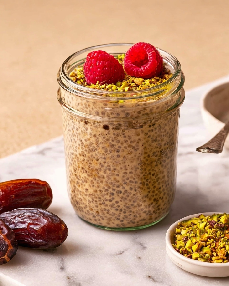 The image shows a small clear glass jar filled with a thick, light brown chia pudding that has visible dark chia seeds spread evenly throughout. On top of the pudding, there are two fresh, bright red raspberries and a small sprinkle of green chopped nuts, likely pistachios. The jar is placed on a white marbled surface with three dark brown dates to the left and a small white bowl with more chopped green nuts to the right. The background is a soft beige color. Photo taken with an iphone --ar 4:5 --v 7