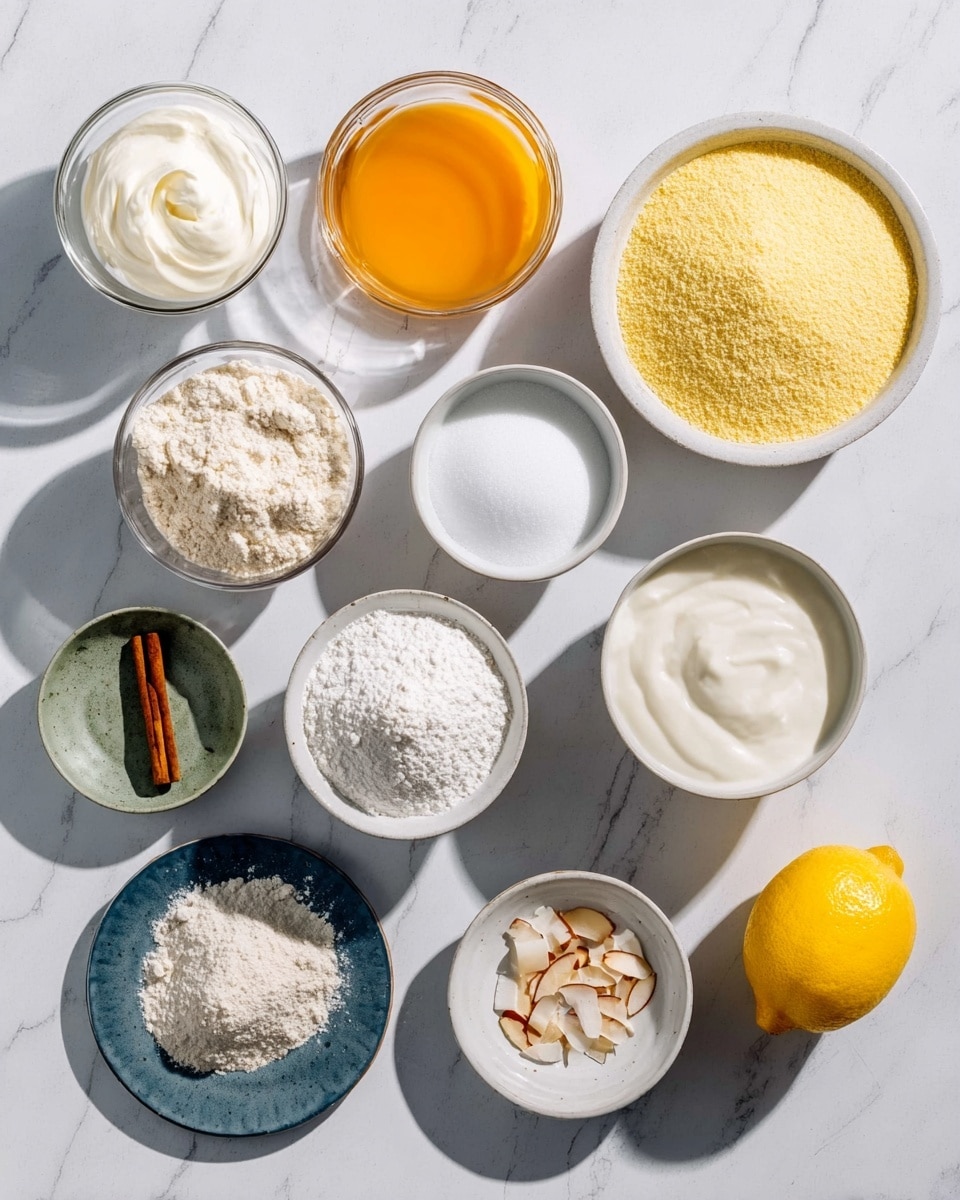 Top view of eleven bowls and one lemon arranged on a white marbled surface. The bowls contain various ingredients: from left to right, top row shows a small glass bowl with coconut cream, a glass bowl with bright orange melted butter, a white bowl with yellow cornmeal, and a larger white bowl piled with white granulated sugar. The second row features a small white bowl with white granulated sugar, a white bowl with thick white yogurt or cream, a smaller white bowl with beige flour, and a small blue-gray plate holding a cinnamon stick. The bottom row has a tiny green bowl with light sliced almonds, a white bowl with toasted coconut flakes, and a tiny clear bowl with white baking powder. On the right side of the arrangement is a whole yellow lemon. Soft shadows fall diagonally, and the photo was taken with an iphone --ar 4:5 --v 7