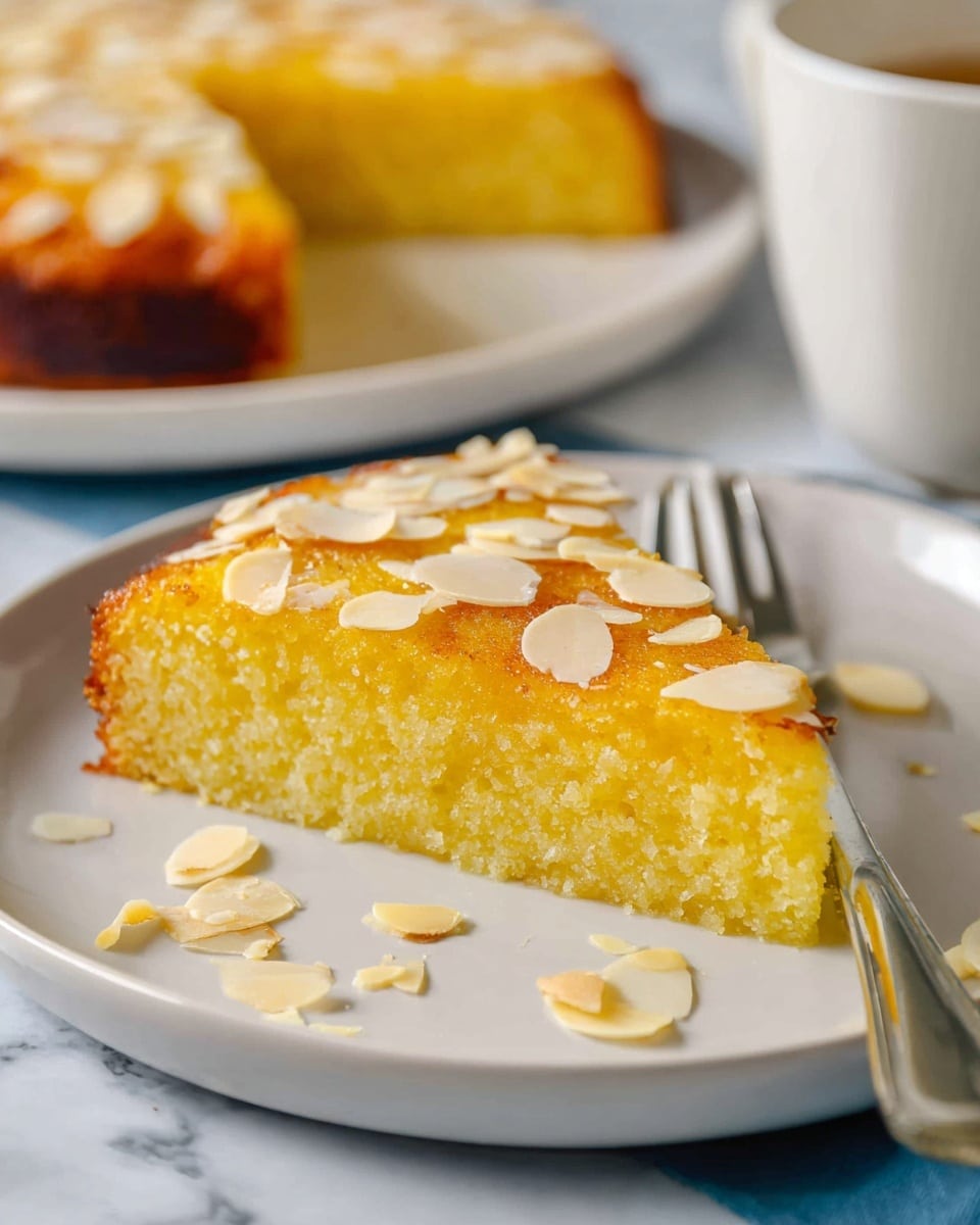 A slice of bright golden-yellow almond cake with a soft, moist texture sits on a white plate, topped with thin, light beige almond flakes scattered mainly on the top and some around the plate. The cake has one visible layer with slightly darker, caramelized edges. In the background, there is another slice of cake on a white plate with a thin silver fork beside it and a white mug on a white marbled surface. Photo taken with an iphone --ar 4:5 --v 7