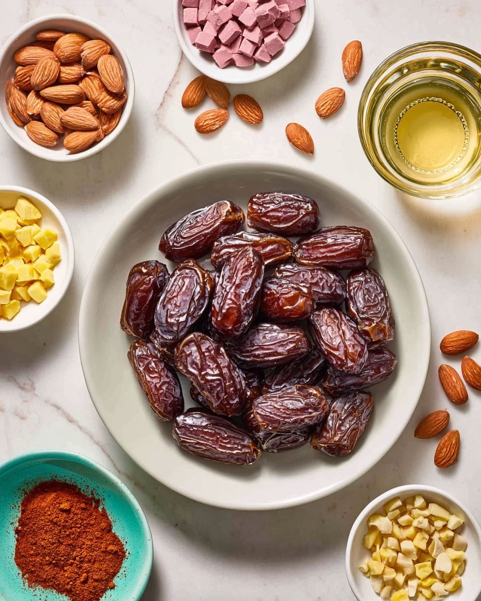 A white round dish filled with a neat pile of shiny, dark brown dates, each with a wrinkled texture, sits in the center of a white marbled textured surface. Around the main dish are several small white bowls and plates arranged symmetrically, each holding a different ingredient: one bowl contains light brown almonds, another holds pinkish chocolate pieces, a small dish has yellow chopped nuts, and one more holds a reddish-brown powdered spice. There is also a transparent glass of light golden liquid placed on the surface. Some loose almonds and chopped nuts are scattered casually around the bowls, adding a natural feel to the arrangement. photo taken with an iphone --ar 4:5 --v 7
