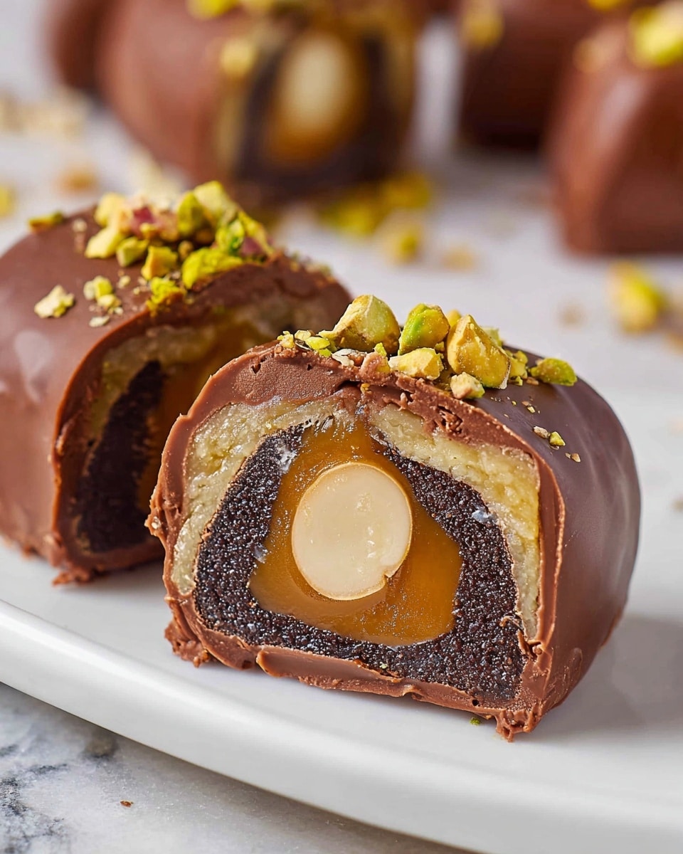 The image shows a close-up of a sliced chocolate treat on a white plate. The treat has four clear layers: the outer layer is smooth milk chocolate with a soft shine, inside it is a dark, almost black rich chocolate layer that looks dense and slightly textured, then a thin golden caramel-like layer surrounding the center, which is a whole almond in a pale beige color. Some small pieces of crushed pistachio with green and yellow bits are sprinkled on top of the treat. The background is a white marbled texture with parts of other similar chocolate treats blurred in the distance. Photo taken with an iphone --ar 4:5 --v 7