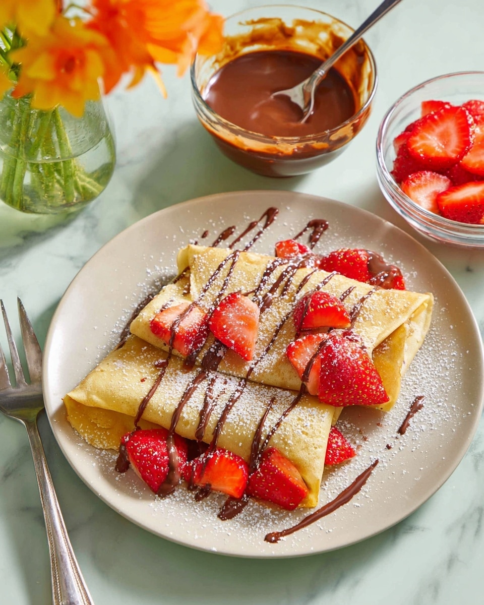 Two folded light golden brown crepes are placed side by side on a round white plate with a fork on the left. Fresh red strawberry slices are layered between the crepes and also scattered on top. The crepes are dusted with a fine layer of white powdered sugar and drizzled with thin lines of dark chocolate sauce. To the right, a small transparent amber bowl holds melted chocolate with a silver spoon resting inside. Next to it is a clear bowl filled with more sliced strawberries in red syrup. The background is a white marbled surface with a glass vase holding yellow-orange flowers in the top left corner. Photo taken with an iphone --ar 4:5 --v 7