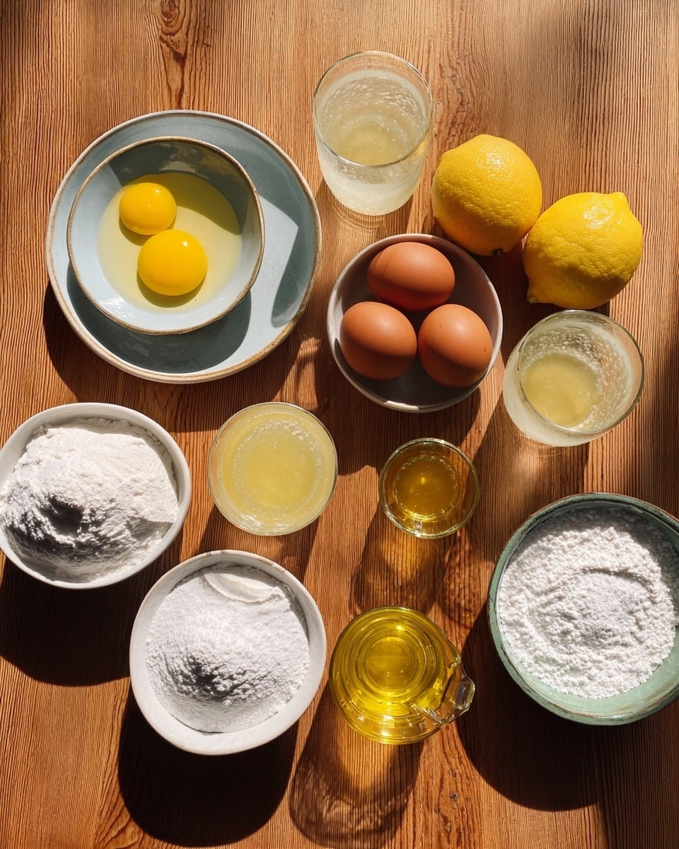 A top view of various baking ingredients arranged on a wooden surface showing two lemons placed near clear glasses filled with light yellow juice, three brown eggs in small white bowls, white powders in larger white bowls, and golden-yellow oil in a clear glass container, with all items casting soft shadows. photo taken with an iphone --ar 4:5 --v 7