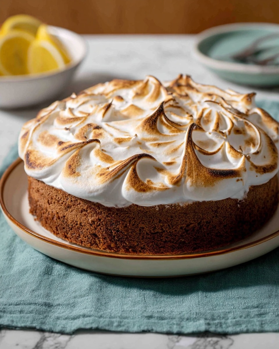 A round cake sits on a white plate with a brown rim, placed on a teal cloth over a white marbled surface. The cake has two visible layers: the bottom layer is a dark brown cake with a rough texture, and the top layer is a thick layer of lightly toasted white meringue with swirls and peaks that have golden and brown spots from toasting. In the background, there is a white bowl with lemon wedges. The scene is bright and natural, with soft shadows. photo taken with an iphone --ar 4:5 --v 7