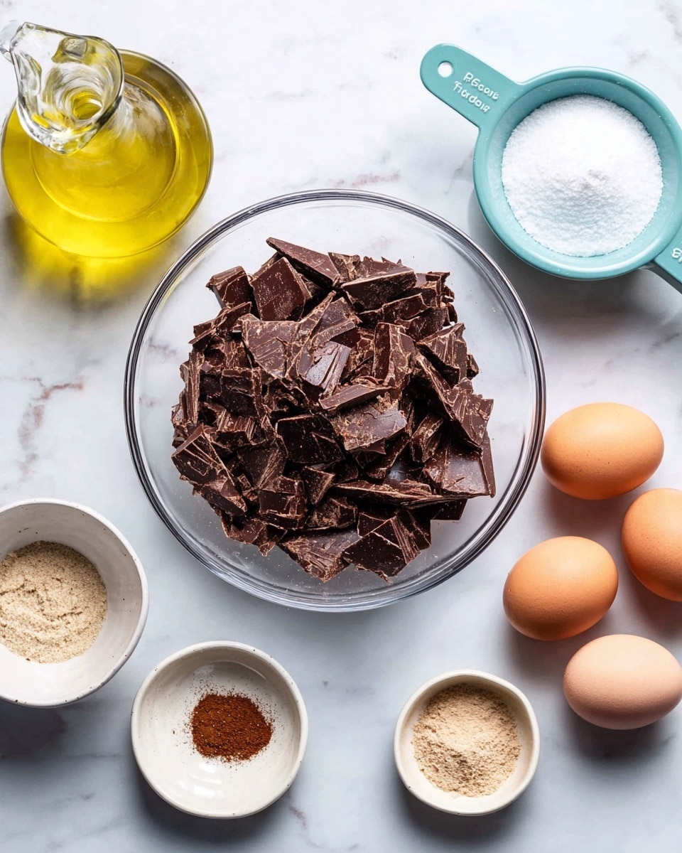 A clear glass bowl in the center holds a pile of dark brown chocolate pieces that are broken into different shapes and sizes. Around this bowl, on a white marbled surface, are small white bowls and a light blue measuring cup with white sugar. There is a small white bowl with a light brown powder, likely cinnamon or spice, and a small white bowl with a little bit of ground brown spice. Four eggs, three brown and one white, rest on the right side of the image, with their smooth shells showing. On the left, a glass jug filled with yellow olive oil sits beside the white bowls and blue measuring cup. photo taken with an iphone --ar 4:5 --v 7