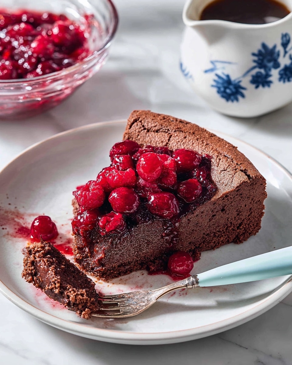A single slice of rich brown chocolate cake sits in the center of a white plate, showing a moist and dense texture with a slightly cracked top. On top of the cake, there is a layer of vibrant red mixed berries with a glossy, syrupy shine, some juice dripping slightly on the side. A small piece of the cake has been taken off with a fork that has a light blue handle, resting on the plate close to the slice. The plate sits on a white marbled surface, with a glass bowl of more red berry topping visible in the upper left and a small white pitcher with blue flower patterns filled with dark sauce in the upper right background. Photo taken with an iphone --ar 4:5 --v 7