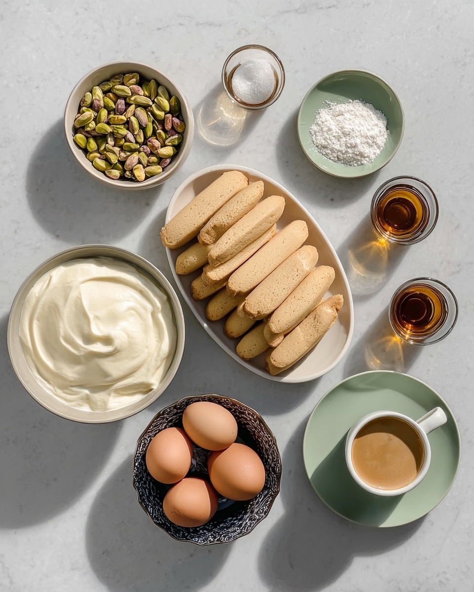 On a white marbled surface, there is a white bowl filled with smooth white cream in the bottom left. Above it, a small white bowl holds a mix of green and brown pistachios. In the center, an oval white plate holds many light tan ladyfinger biscuits stacked randomly. To the right, a light green plate contains three small clear glasses with dark brown, light amber, and clear liquids. Above this, a small white bowl holds white granulated sugar. Below the pistachios, another small bowl with a dark pattern holds four brown eggs. Above the eggs is a small white cup filled with light brown coffee, and next to the pistachios is a small white cup filled with creamy brown coffee. The image has soft natural light and shadows. photo taken with an iphone --ar 4:5 --v 7