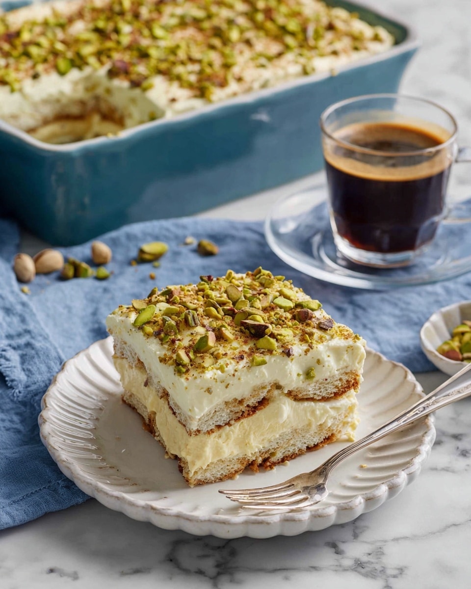 A square piece of layered dessert sits on a white scalloped plate with a silver fork beside it. The dessert has three main layers: a bottom layer of soaked light brown biscuit, a thick middle layer of creamy pale yellow filling, and a top layer of the same soaked biscuit. The whole top is covered with a thick layer of light cream topped with chopped green pistachios. In the background, there is a blue baking dish filled with the same dessert, also topped with crushed pistachios, and a glass cup of dark espresso coffee on a white saucer. The setting is on a white marbled surface with a blue cloth underneath the baking dish. Woman's hand is not visible but implied by the fork placement photo taken with an iphone --ar 4:5 --v 7