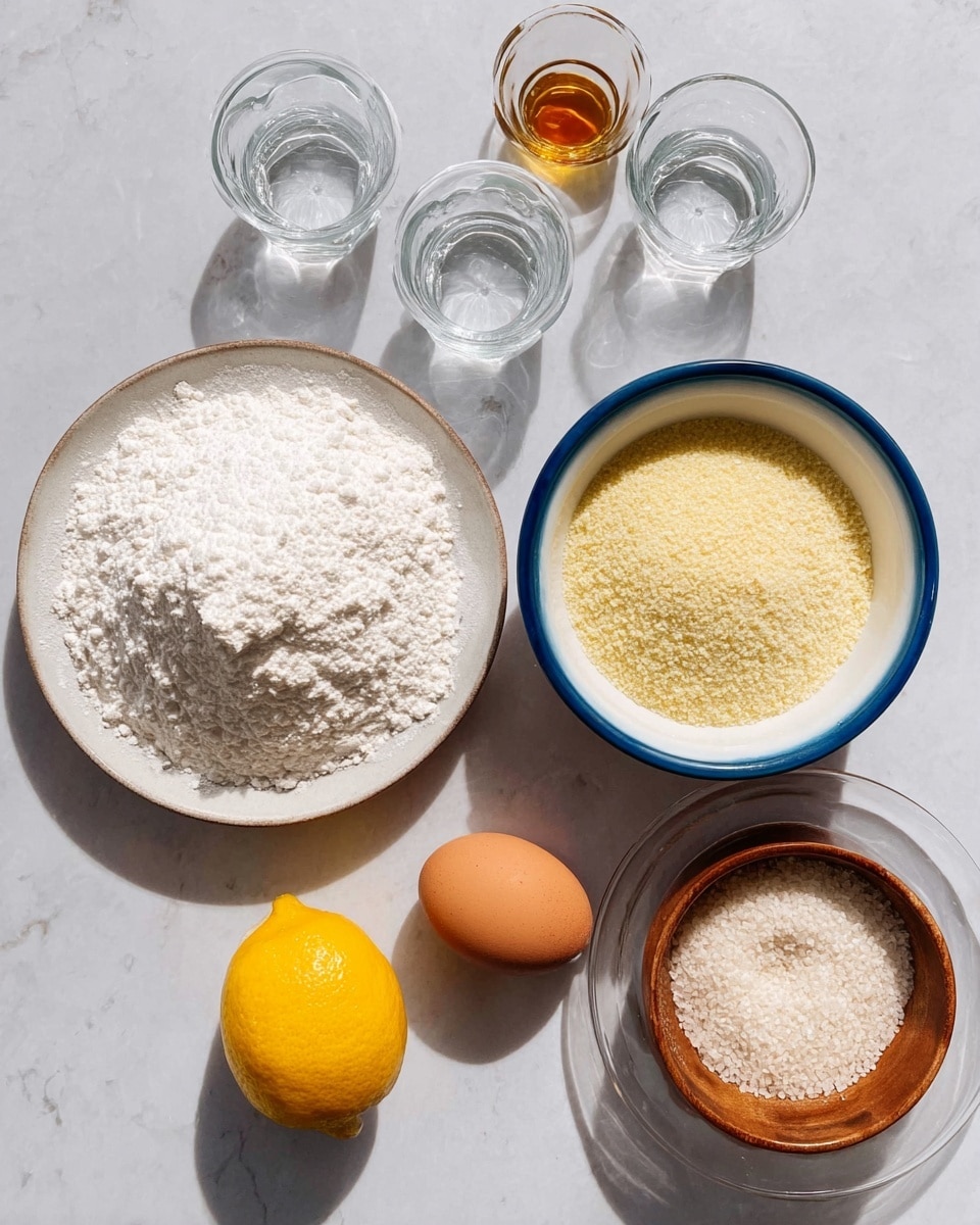 A set of baking ingredients is arranged on a white marbled surface. In the bottom left, there is a white plate filled with fine white powder. Above it, three small clear glasses hold a white powder, a golden liquid, and clear water. To the right, a white bowl with a blue rim is filled with a light yellow granular substance. Below this bowl, a whole yellow lemon is placed. At the bottom right, two brown eggs rest on a clear round plate. Next to the eggs, a small wooden bowl holds coarse white granules. The lighting creates soft shadows, and the scene is bright and clean. photo taken with an iphone --ar 4:5 --v 7