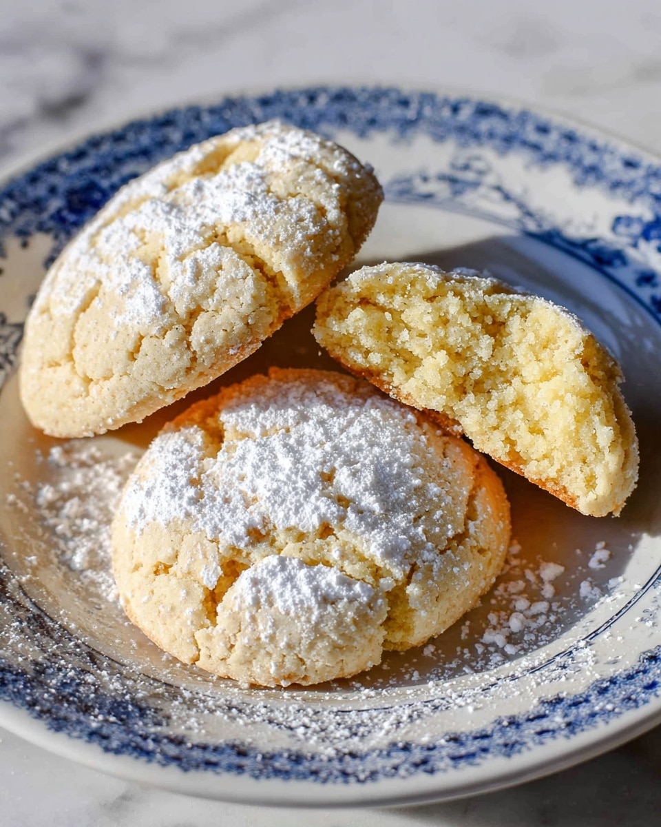 The image shows three soft, round cookies dusted with white powdered sugar on top. One cookie is whole with a cracked, light golden crust. Another is broken in half, revealing a soft, moist, yellowish inside with a slightly crumbly texture. The third cookie is in smaller broken pieces, showing a white, powdery texture on the bottom layer. All cookies are placed closely together on a white plate with blue decoration on the edge, set on a white marbled surface. photo taken with an iphone --ar 4:5 --v 7