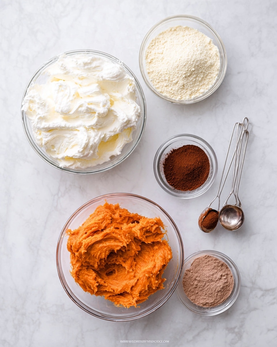 The image shows five clear glass bowls with different ingredients arranged on a white marbled surface. The largest bowl at the bottom center contains bright orange mashed pumpkin with a smooth, slightly chunky texture. Above it to the left is a large bowl filled with thick, white whipped cream that looks airy and soft. To the top left is a medium bowl holding pale yellow flour with a fine, powdery texture. Near the top right is a small bowl with dark brown powder, likely cinnamon, with a dry and grainy appearance. Below it is another small bowl filled with a lighter brown powder that looks finely ground. On the right side, there are three nested metal measuring spoons resting next to the ingredients. photo taken with an iphone --ar 4:5 --v 7