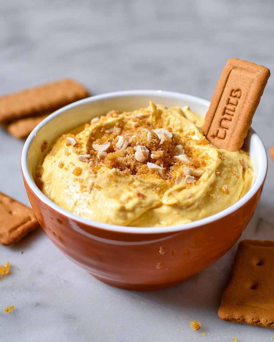 A white bowl filled with a creamy, smooth yellow dip topped with a sprinkle of chopped nuts and golden brown sugar crystals, showing a soft and thick texture. A light brown rectangular biscuit with