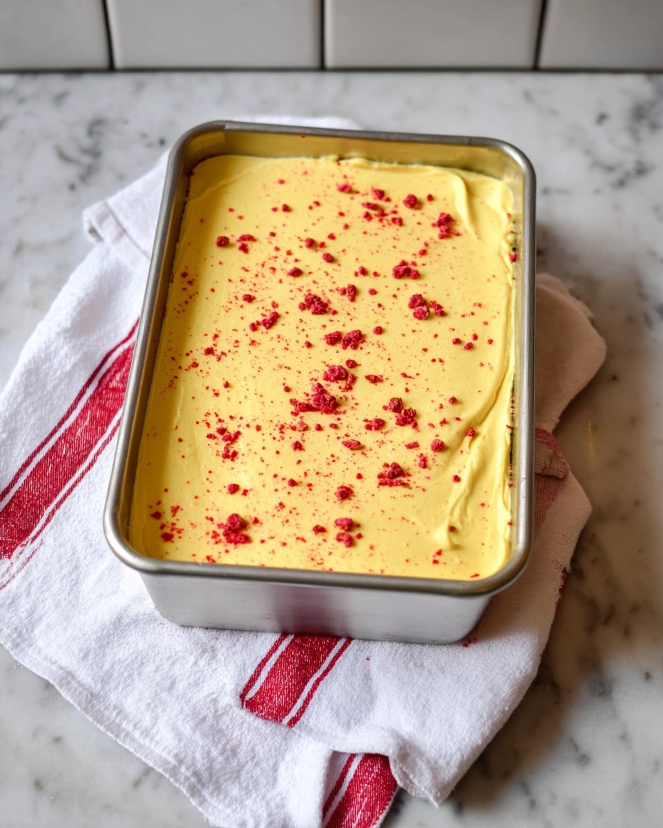 The image shows a rectangular metal tray filled with a smooth, thick yellow layer spreading evenly on top. The yellow layer is lightly sprinkled with small red powder and crushed red bits, giving a textured look across the surface. The tray sits on a white cloth with two thick red stripes, placed on a surface with a white marbled texture. In the background, white tiles with gray grout are visible, adding a clean, bright setting. Photo taken with an iphone --ar 4:5 --v 7